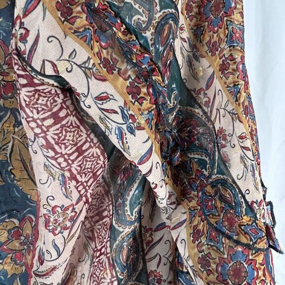 Democracy Blouse Womens Medium Brown Green Gold Metallic Sheer Vneck - Picture 4 of 10